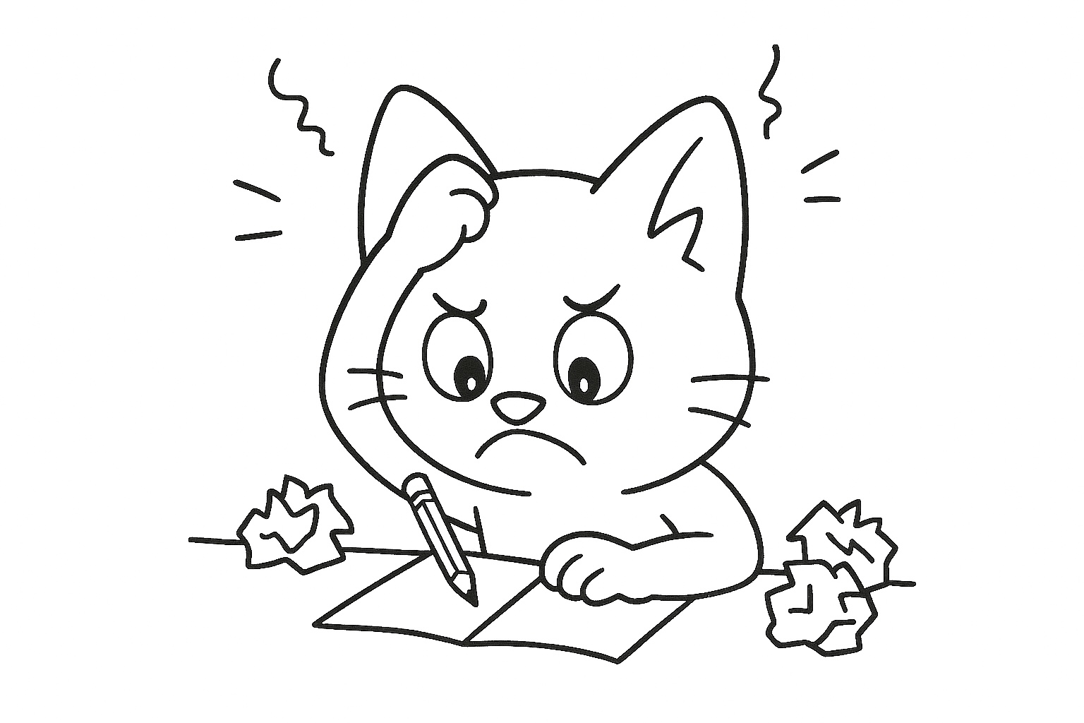 Gato frustrado con papeles desordenados